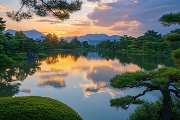 Obraz premium A serene lake reflecting the colorful sky at sunset, surrounded by a dense pine forest and distant mountains. The water is calm, with reflections of clouds and trees creating an idyllic scene that cap