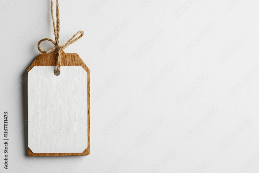 Poster hanging retail tag with soft cotton string minimalist design studio setting close-up view product br
