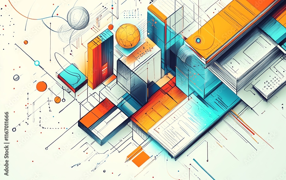Poster intricate abstract sketch illustrating education, integrating elements of modern technology and prog