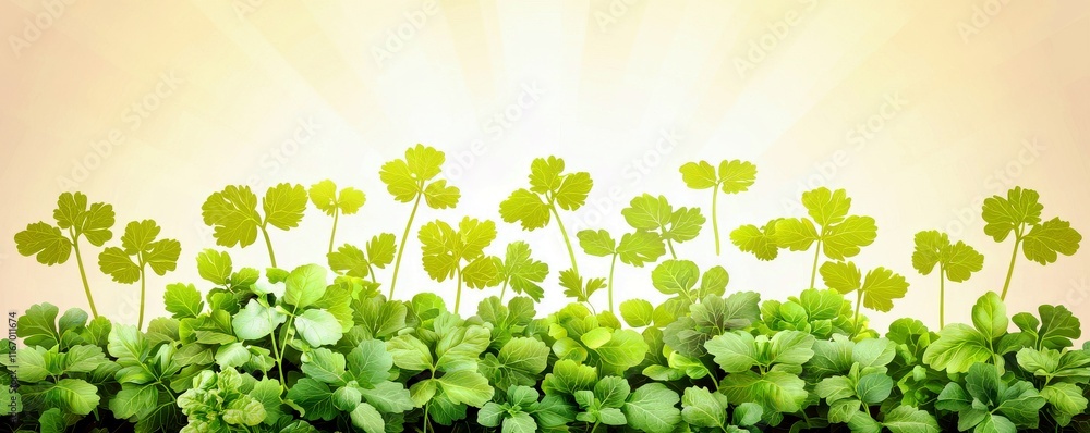 Poster lush green leaves with delicate sunlight in the background creating a serene and refreshing nature s