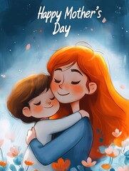 Heartwarming moment of a mother embracing her child in a whimsical cartoon style with a joyful celebration of love