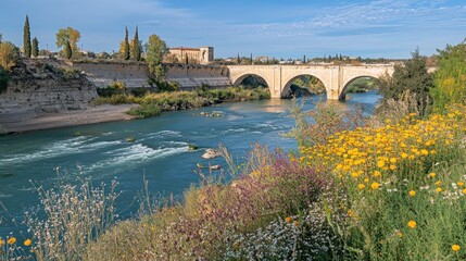 Naklejka premium Scenic river view with ancient stone bridge, wildflowers, and autumnal trees under a bright sky.