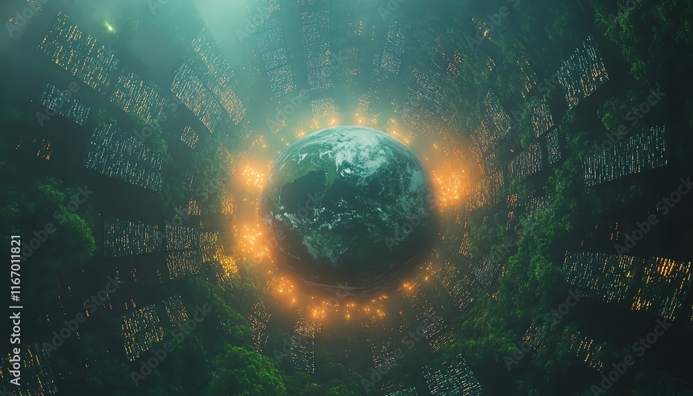 Poster mesmerizing abstract representation of planet earth surrounded by glowing city lights, creating a fu
