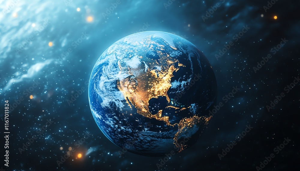 Poster mesmerizing abstract representation of planet earth surrounded by glowing city lights, creating a fu
