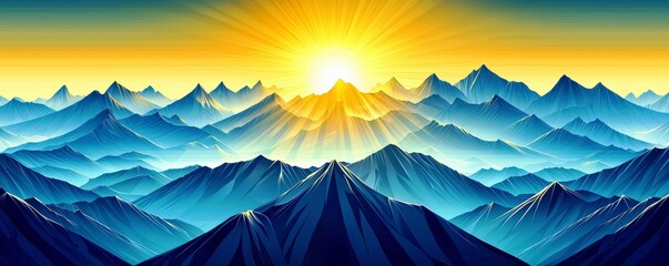 Fototapeta premium Majestic Sunrise Over Serene Mountain Landscape with Vibrant Colors and Radiant Light Shining Through the Peaks and Valleys of Nature's Splendor