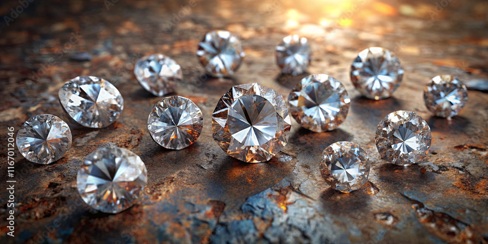 Poster shimmering diamonds of various sizes are arranged on a weathered, textured surface, catching the war