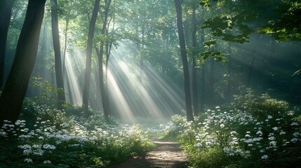 Fototapeta premium Sunbeams pierce misty forest, illuminating path through blooming wildflowers.