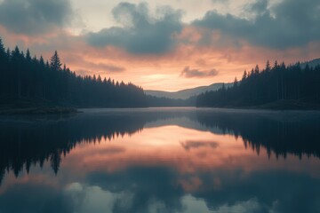 Fototapeta premium A serene lake reflecting the colorful sky at sunset, surrounded by a dense pine forest and distant mountains. The water is calm, with reflections of clouds and trees creating an idyllic scene that cap