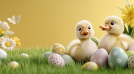 Fluffy cartoon-style ducklings playfully interacting among colorful eggs and flowers in a vibrant green setting