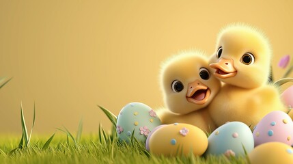 Fluffy cartoon-style ducklings joyfully playing among colorful eggs on a bright green field