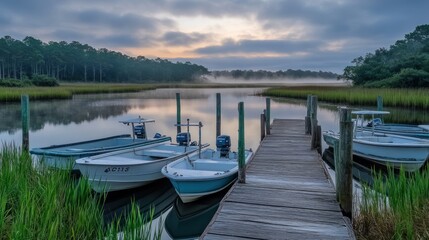 Obraz premium Misty sunrise over calm water with boats docked at a wooden pier.