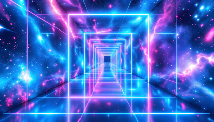 Neon Grid Tunnel Background, Futuristic Neon Corridor, Abstract Neon Space Tunnel