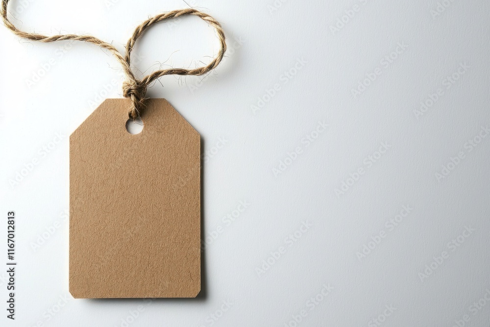 Poster vintage-inspired retail tag with ornate string loop studio setting product photography minimalist en