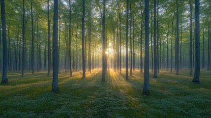Obraz premium Sun rays illuminating a misty forest at sunrise.