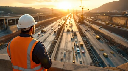 construction worker wearing a hard hat and safety vest, overlooking a bustling highway with multiple lanes of traffic and a setting or rising sun in the background. The scene combines industrial and t
