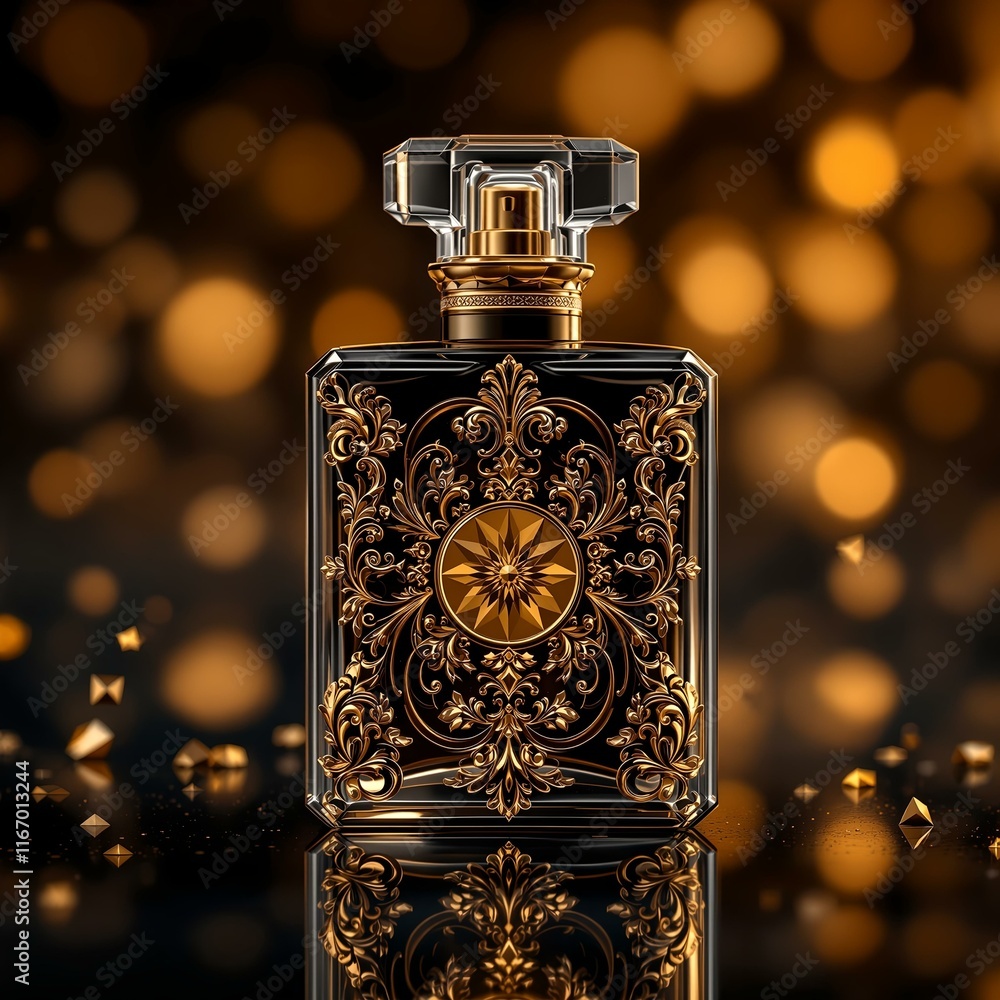 Poster luxurious perfume bottle with intricate gold detailing and a black background with golden lights cre