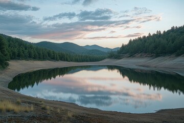 A serene lake reflecting the sky at sunset, surrounded by dense pine forest and mountains in California's summer. The water reflects pink clouds and blue skies, creating an idyllic scene of nature.