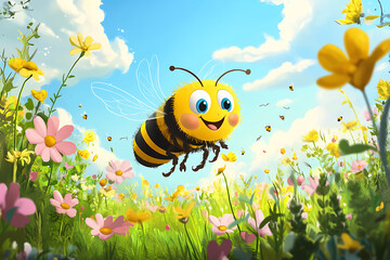 A cheerful cartoon bee flying over a vibrant flower-filled meadow under a bright sky.