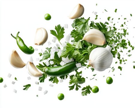 Fresh green chili pepper, garlic cloves, parsley, and peas flying in mid-air against a white background.