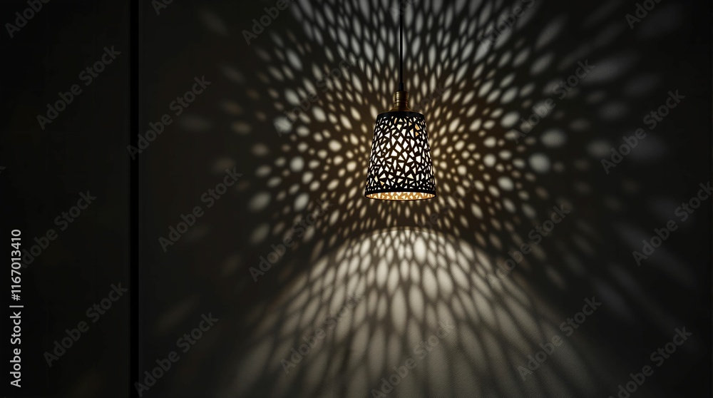 Poster patterned light fixture casting a geometric shadow on a surface. The light creates a labyrinthine effect with repeating shapes and lines.