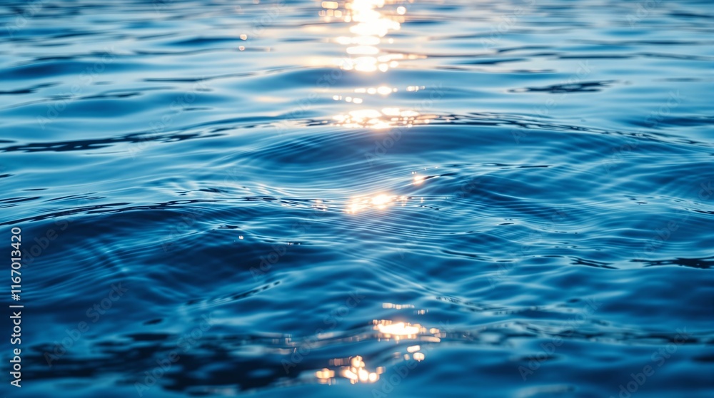 Poster close-up view of calm water with gentle ripples and small waves, reflecting sunlight, creating a serene and tranquil scene.