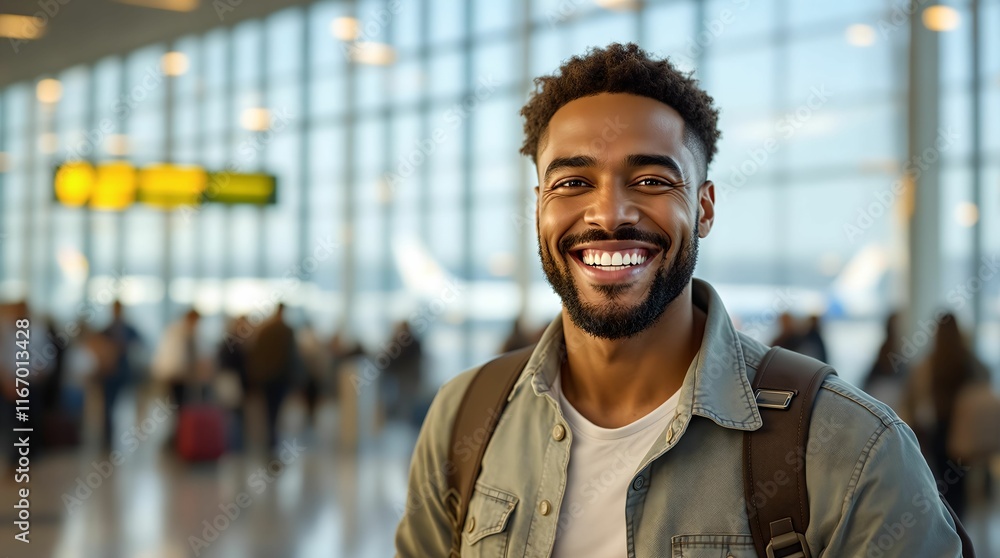 Poster a man is smiling with a backpack on, with a busy airport terminal in the background.