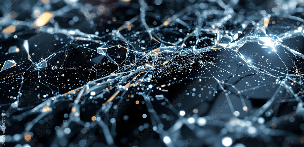 Poster  dark, abstract visual with intricate, spider-like web-like structures in various shades of blue and white. There are also some bright, pointed elements scattered throughout the image, giving it a fut