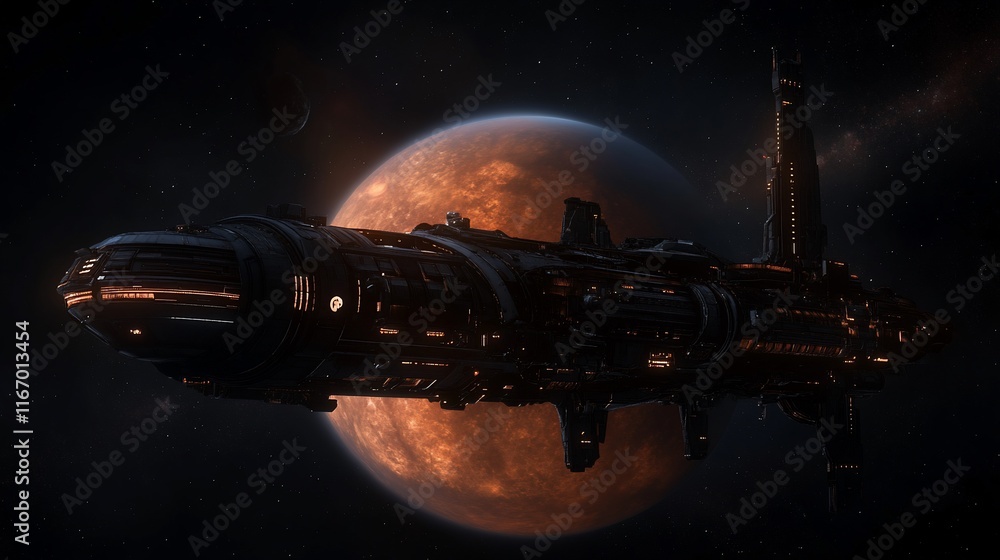 Poster spaceship orbiting a red planet in deep space.