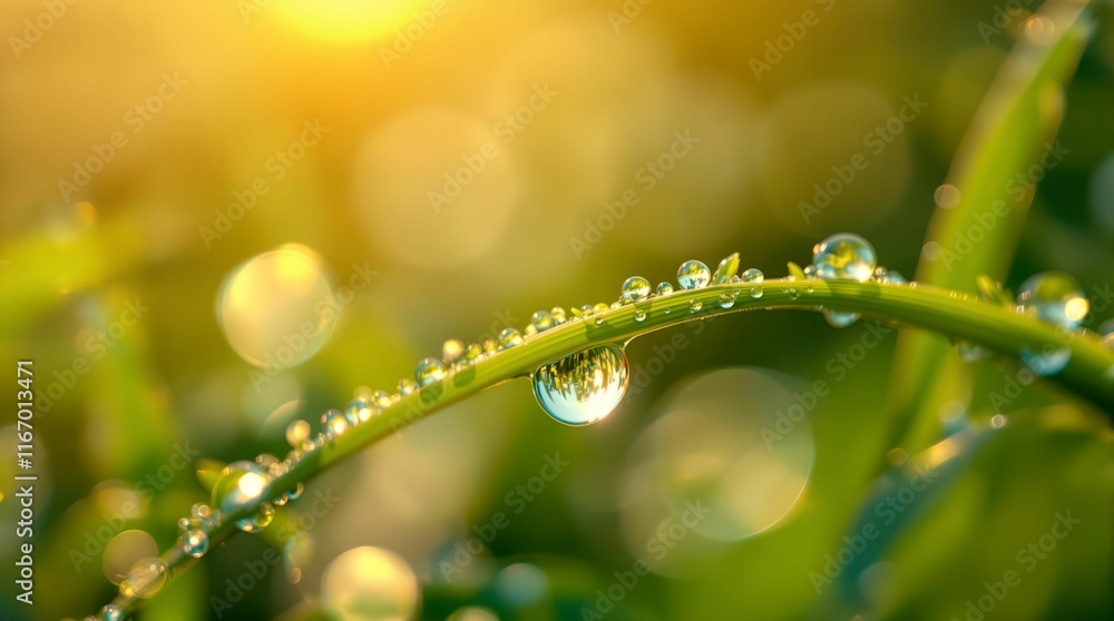 Aufkleber close-up of a blade of grass with dew drops on it, set against a blurred background of green grass i