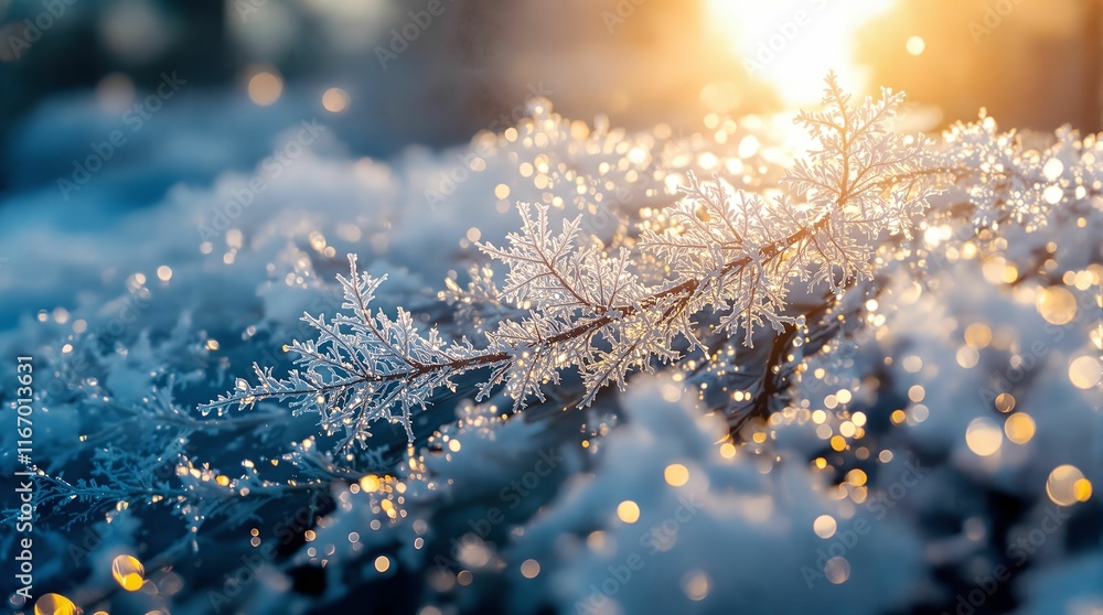 Aufkleber close-up view of frost or ice crystals on a plant stem, with sunlight shining through, creating a sparkling effect with bokeh.