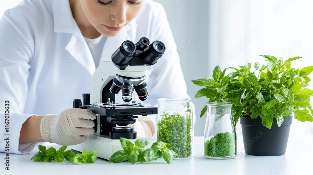 Poster scientist examining plants under a microscope in a lab setting.