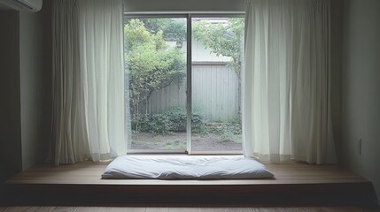 Minimalist bedroom with tatami mat, sliding glass doors and garden view.