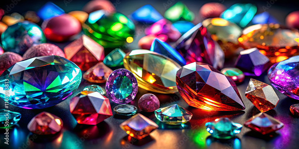 Poster a stunning array of various gemstones spreads across a dark surface, showcasing a vibrant blend of c
