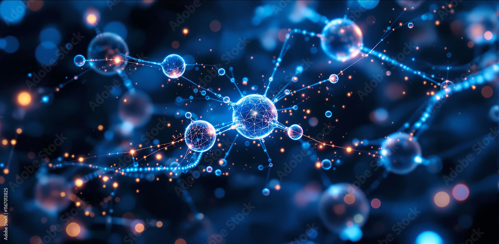 Poster 3d rendering of a neuron or molecular structure with blue and white colors, featuring interconnected