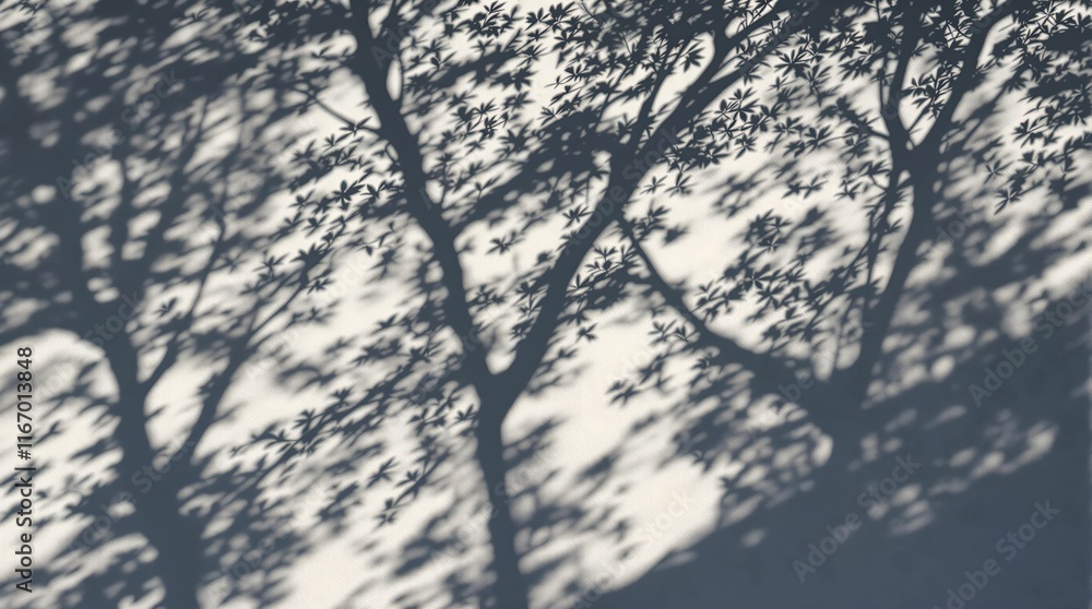 Poster close-up view of tree branches casting shadows on a wall or surface, creating a pattern of dark shapes against a lighter background.