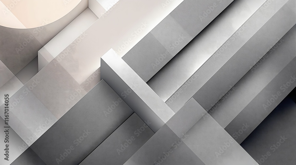 Poster minimalist abstract design featuring overlapping geometric shapes in shades of gray and white, creating a sense of depth and layering.