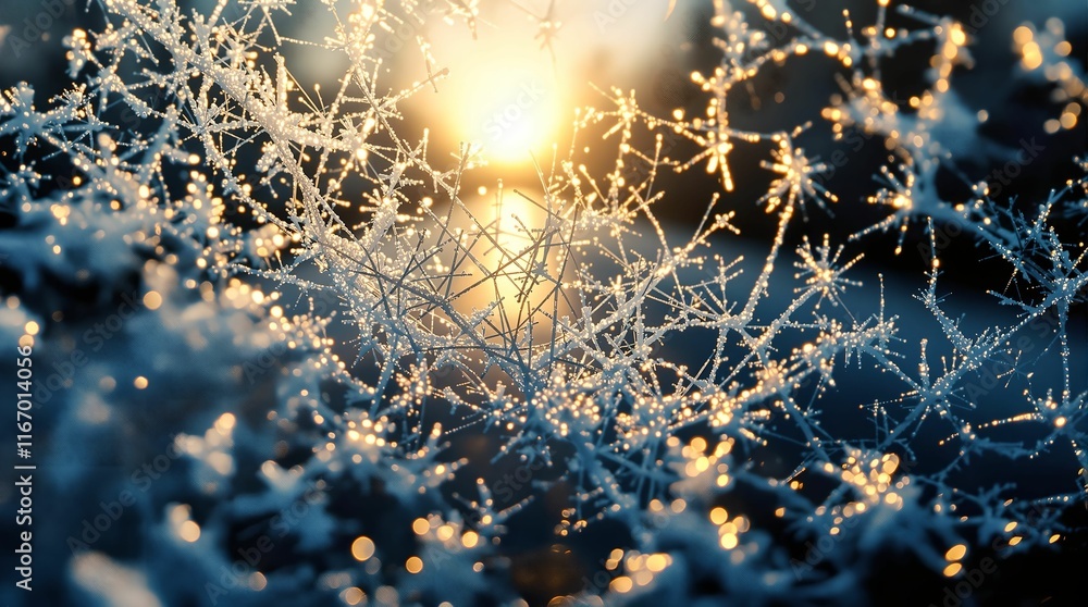 Aufkleber close-up view of frost-covered spider webs illuminated by a bright light, creating a sparkling effect. The background is blurred, highlighting the intricate details of the frozen web strands.