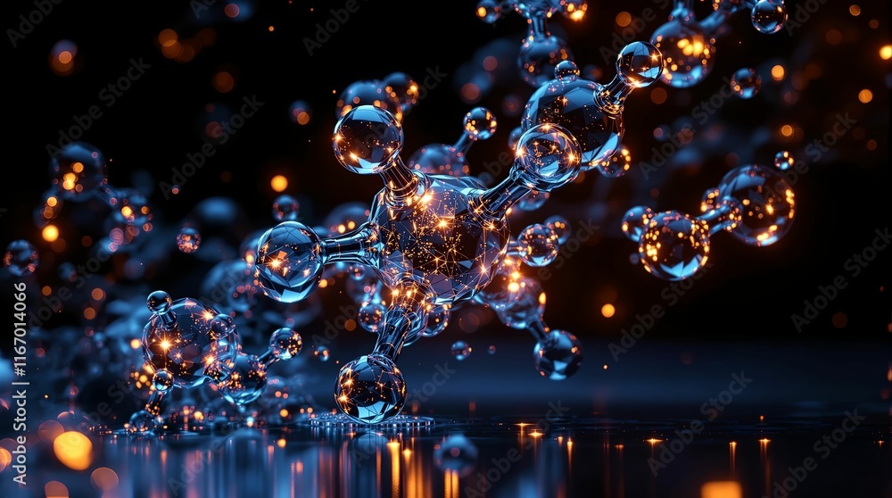 Poster close-up of shiny, floating bubbles with a blurred background, creating a bokeh effect. The bubbles appear to be made of liquid, possibly soap, and are illuminated, giving them a metallic sheen.