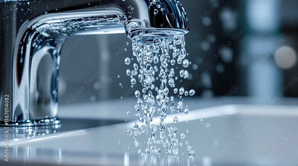 Aufkleber close-up image shows water flowing from a shiny chrome faucet in a bathroom setting. the focus is on