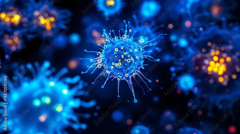 Poster 3d rendering of virus cells floating against a dark background. the virus cells are depicted in a gl