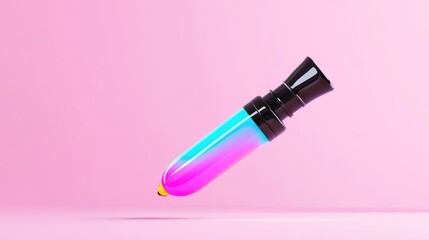 A colorful, sleek bottle with a gradient design against a pink background.