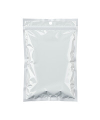 Blank silver foil packaging aluminum foil zipper pouch transparent background with clipping path, ready for food product packaging design mock-up