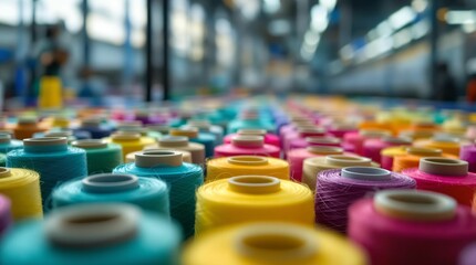 Obraz premium collection of colorful spools of thread, arranged in a neat row. The threads appear vibrant and are likely used for sewing or knitting purposes.