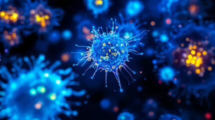 3D rendering of virus cells floating against a dark background. The virus cells are depicted in a glowing blue color with some orange and yellow highlights, giving them a visually striking appearance.