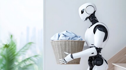Robot carrying a basket of laundry in a modern interior.