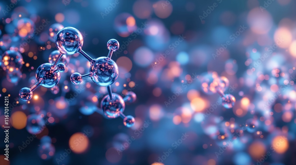 Aufkleber 3D rendering of a network of molecules with a bokeh effect in the background, creating a visually appealing representation of molecular structure.