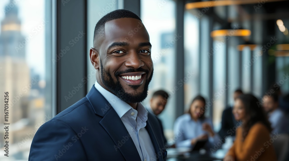 Aufkleber smiling man in a suit, standing in front of a blurred background of a group of people in an office setting. The man appears to be in a positive mood, possibly enjoying a successful event or meeting.