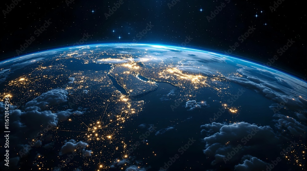 Poster view of earth from space, showing the blue planet with lights from cities visible at the bottom. the