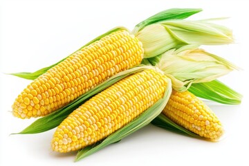 Three ears of fresh yellow corn on a white background.