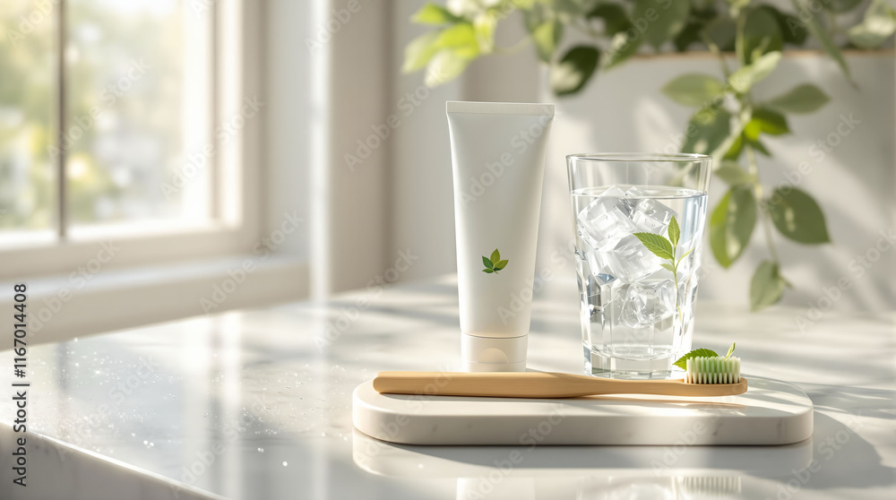 Poster white marble countertop with a glass of water and a tube of cream placed on a wooden tray. The background features a window and greenery, creating a serene and clean environment.